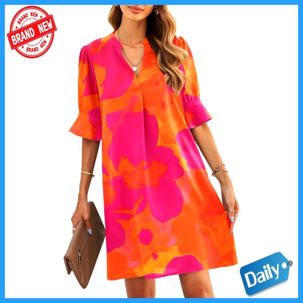 V-Neck Ruffled Sleeve Shift Dress, Polyester Casual Summer Midi